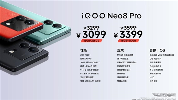 到手价3099元起！iQOO Neo8 Pro今日首销：安卓性能最强旗舰 第2张